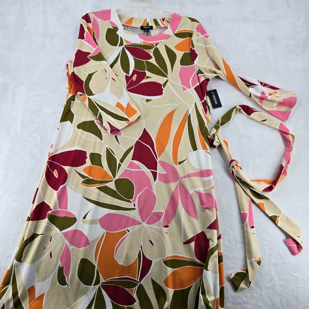 Tacera Maxi Dress Womens L Abstract Floral Multicolored Belted Long Sleeve
